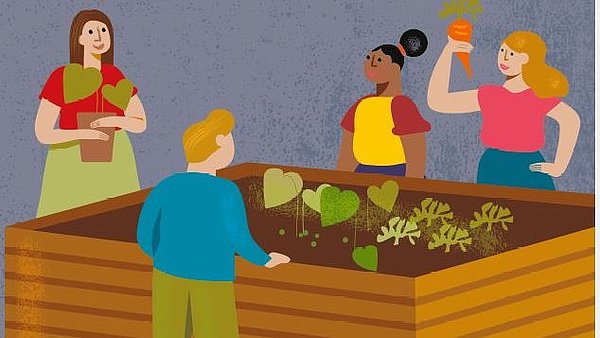 Illustration Menschen am Hochbeet