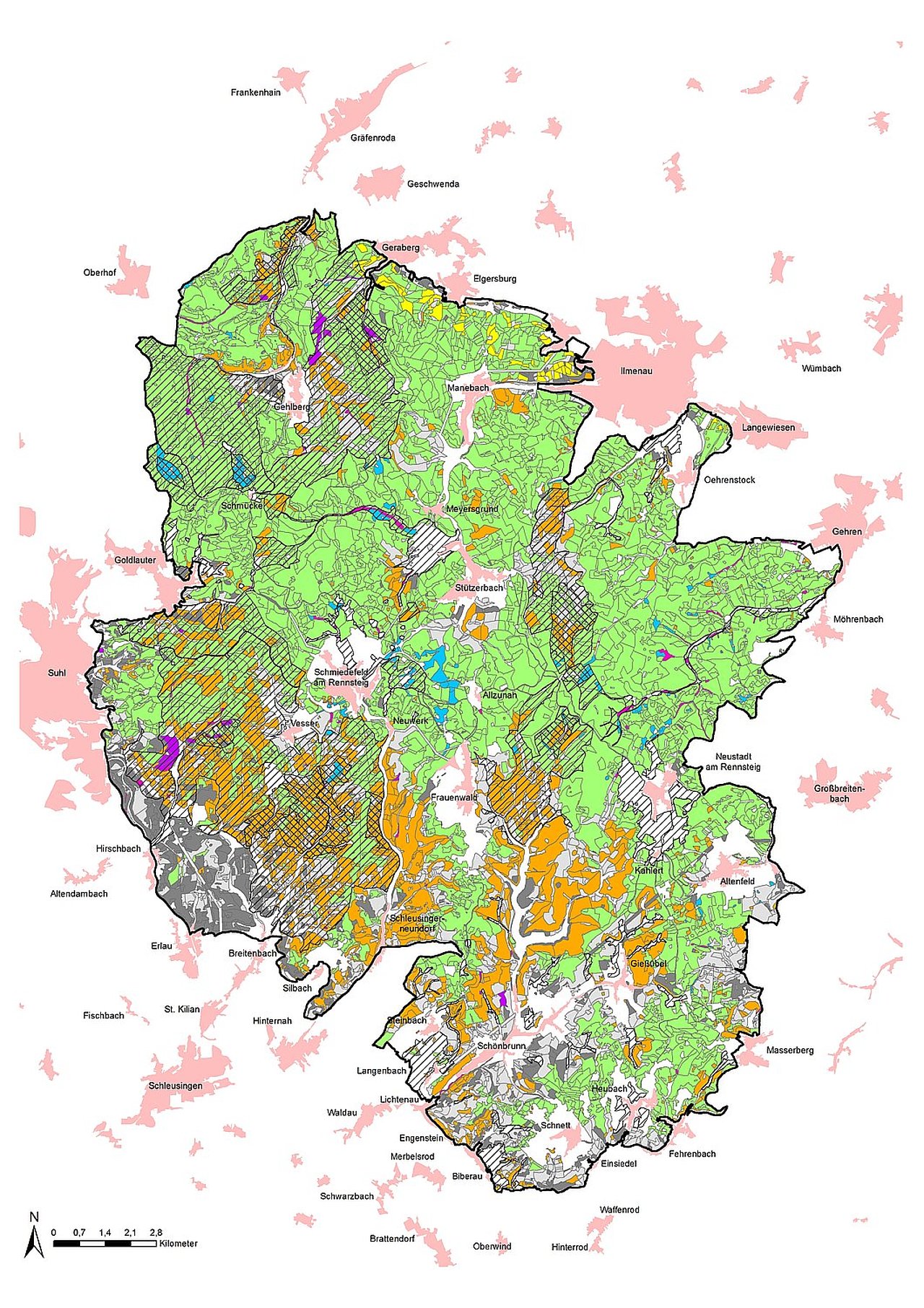 Übersichtskarten zeigt die verschiedenen Waldarten im Biosphärenreservat