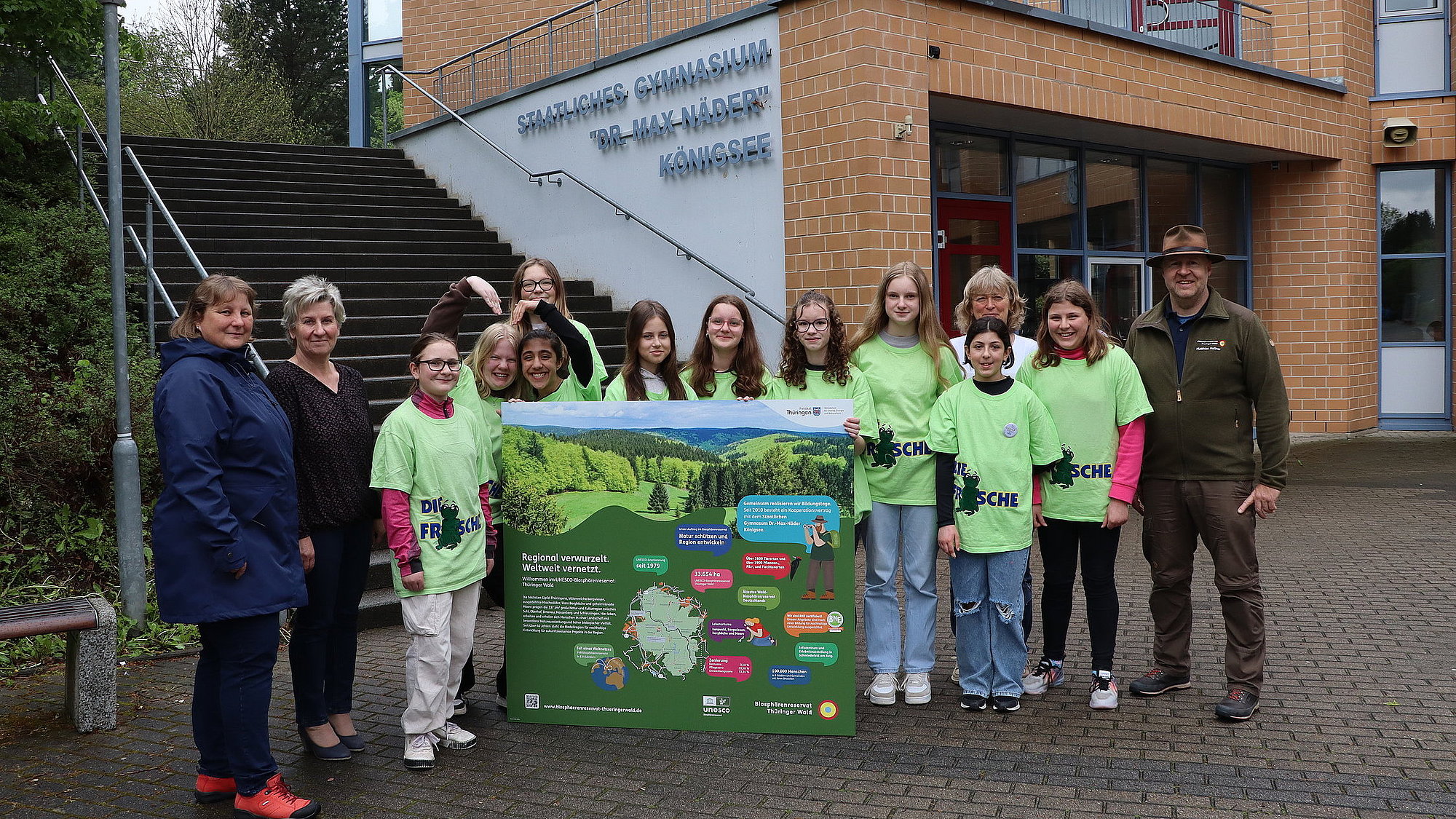 Gruppe Schüler und Lehrer mit Infoschild Biosphärenreservat