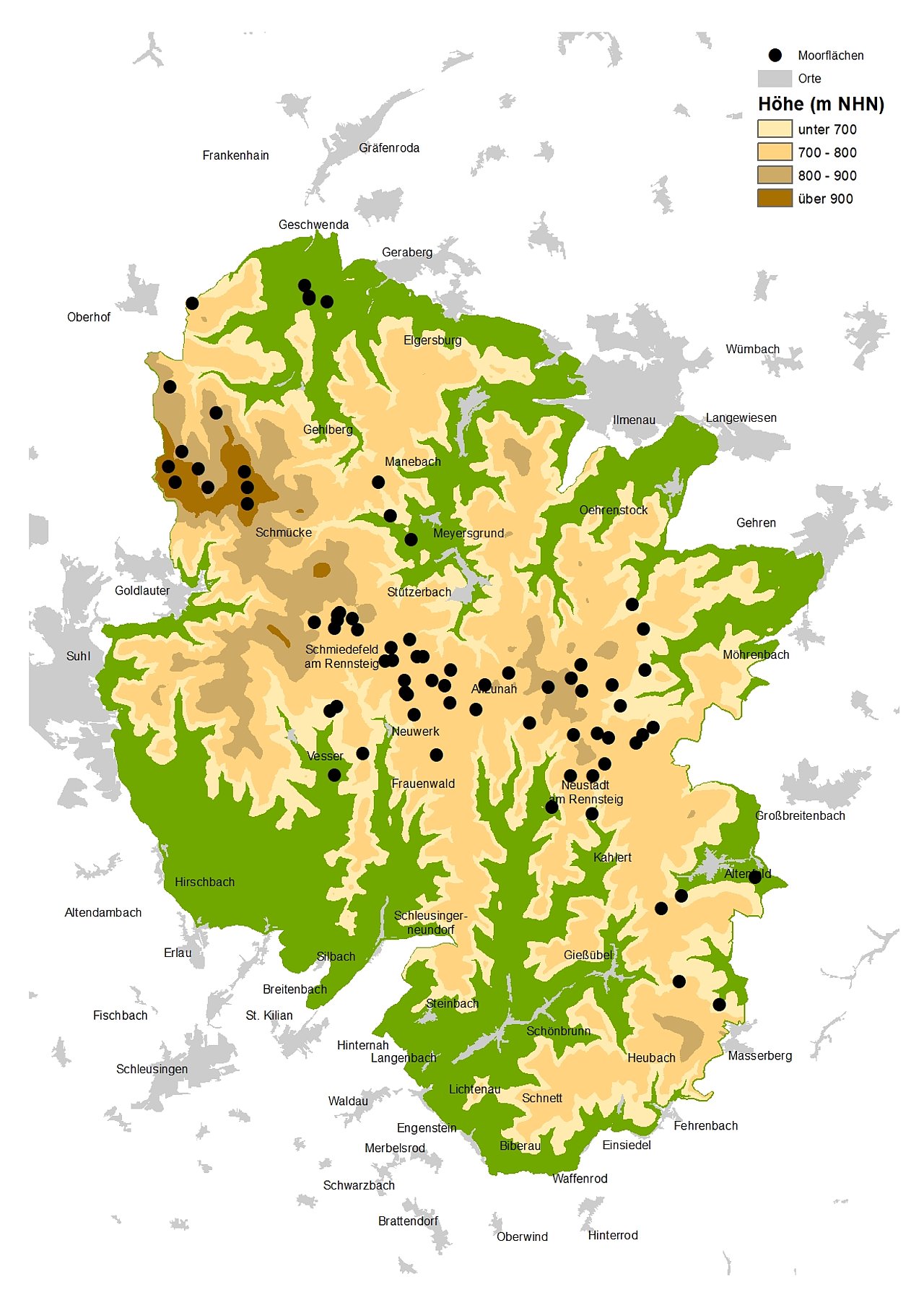 Karte Biosphärenreservat mit Moorstandorten und Höhendarstellung
